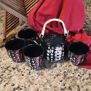 Asian Living Chinese Calligraphy Black Glazed Porcelain Teapot W/ Mesh & 4 Cups.